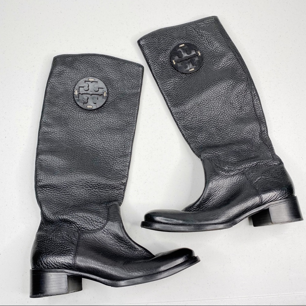 Tory Burch Riding Boots Pebbled Black Leather 5M